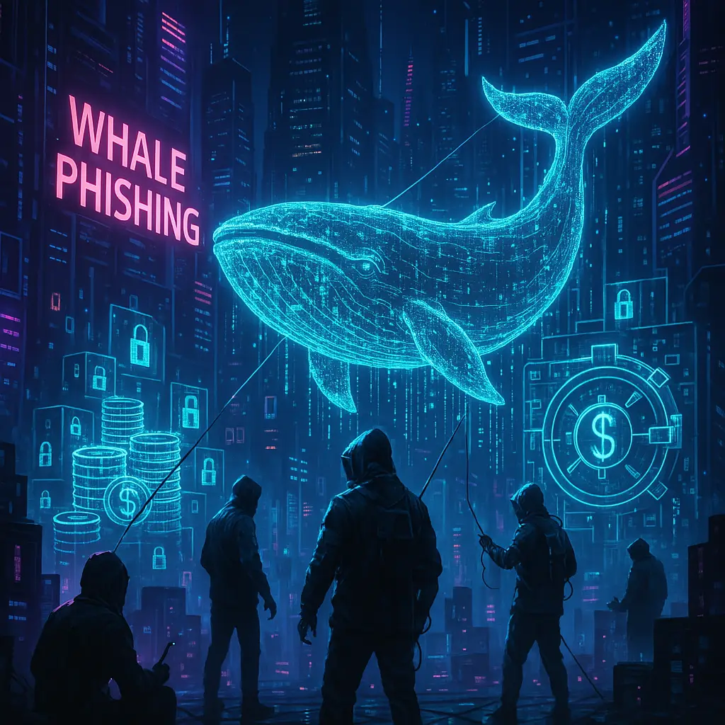 Illustration of whale phishing showing a large whale symbolizing executives targeted by cybercriminals in a phishing attack.