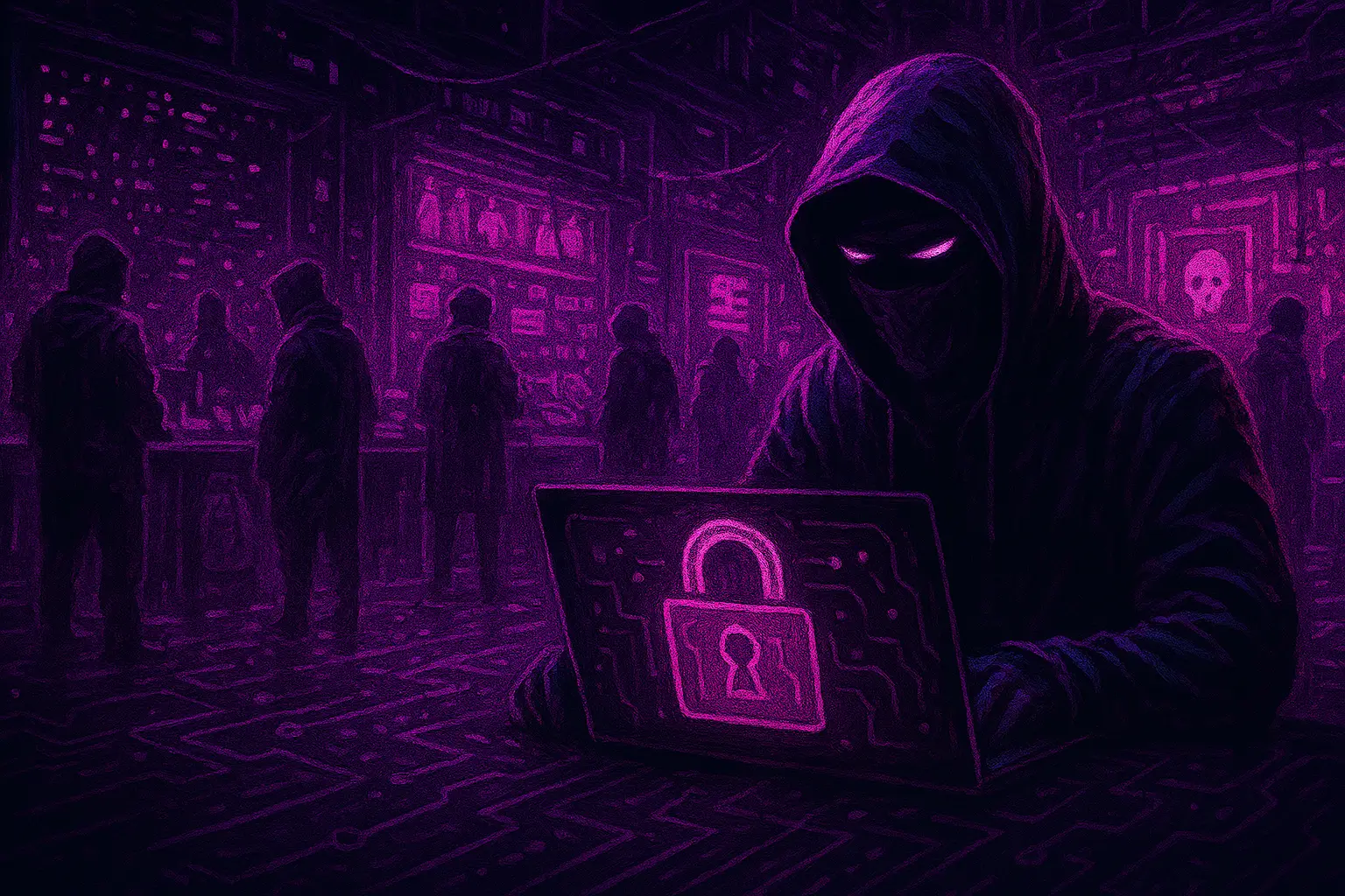 Cyberpunk-style digital scene with neon pink and purple tones, showing shadowy figures and encrypted data tunnels representing the dark web and cybercrime activity.