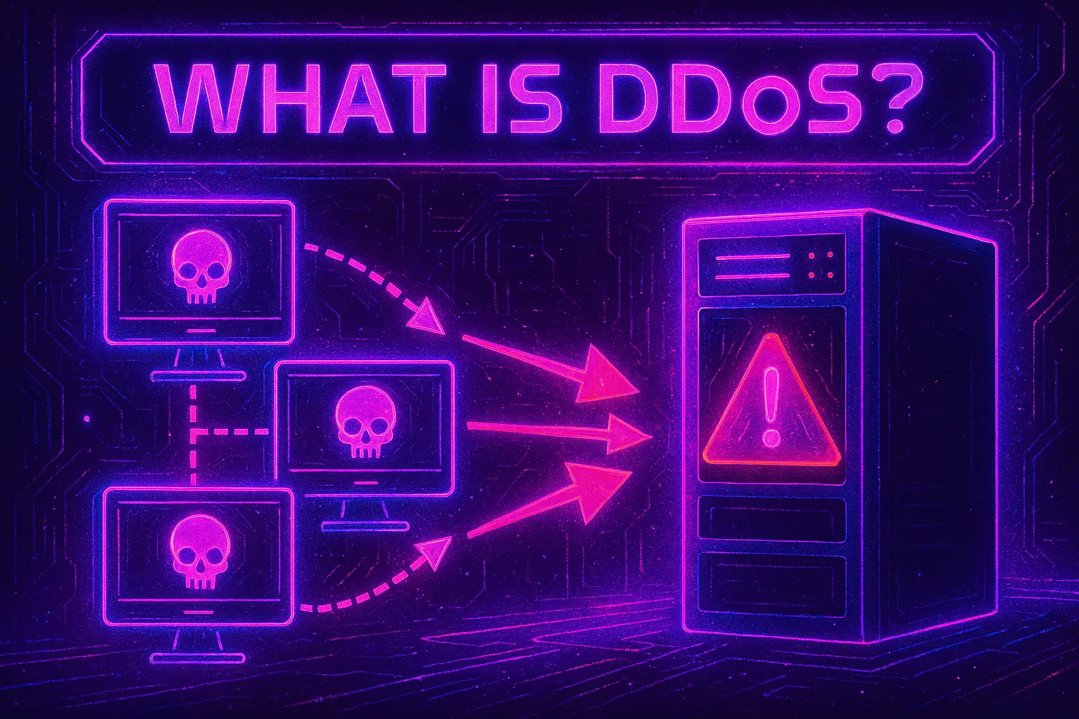 Cyberpunk-style illustration of a server being overwhelmed by neon-colored data streams from multiple sources, representing a DDoS attack. A glowing shield labeled "Cyberdefence" protects the server, with icons for finance, gaming, and healthcare industries in the background.