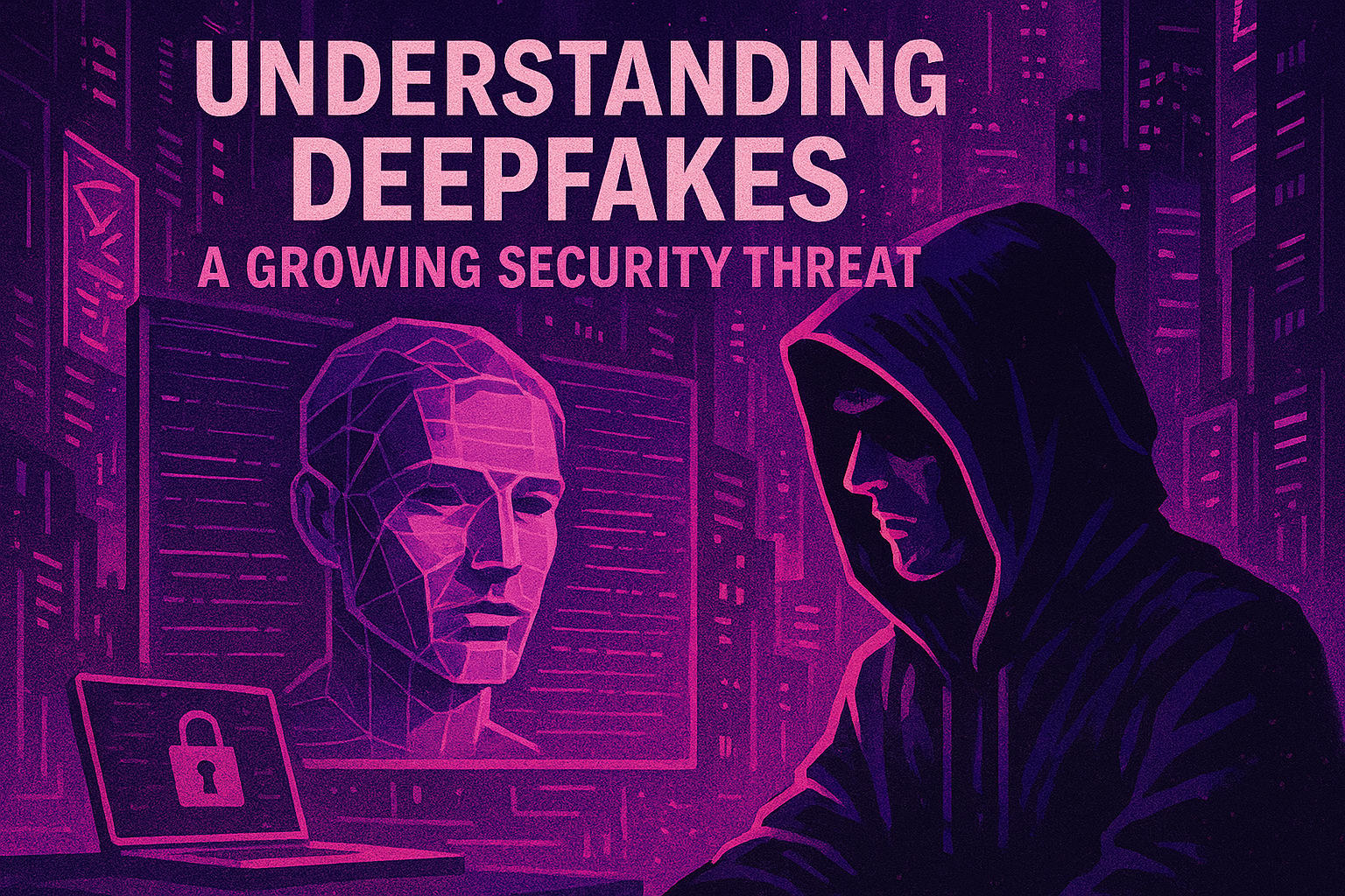 Illustration showing a hooded figure using a laptop with a padlock symbol on the screen, and digital representation of a human head in the background. Text reads 'UNDERSTANDING DEEPFAKES' and 'A GROWING SECURITY THREAT'