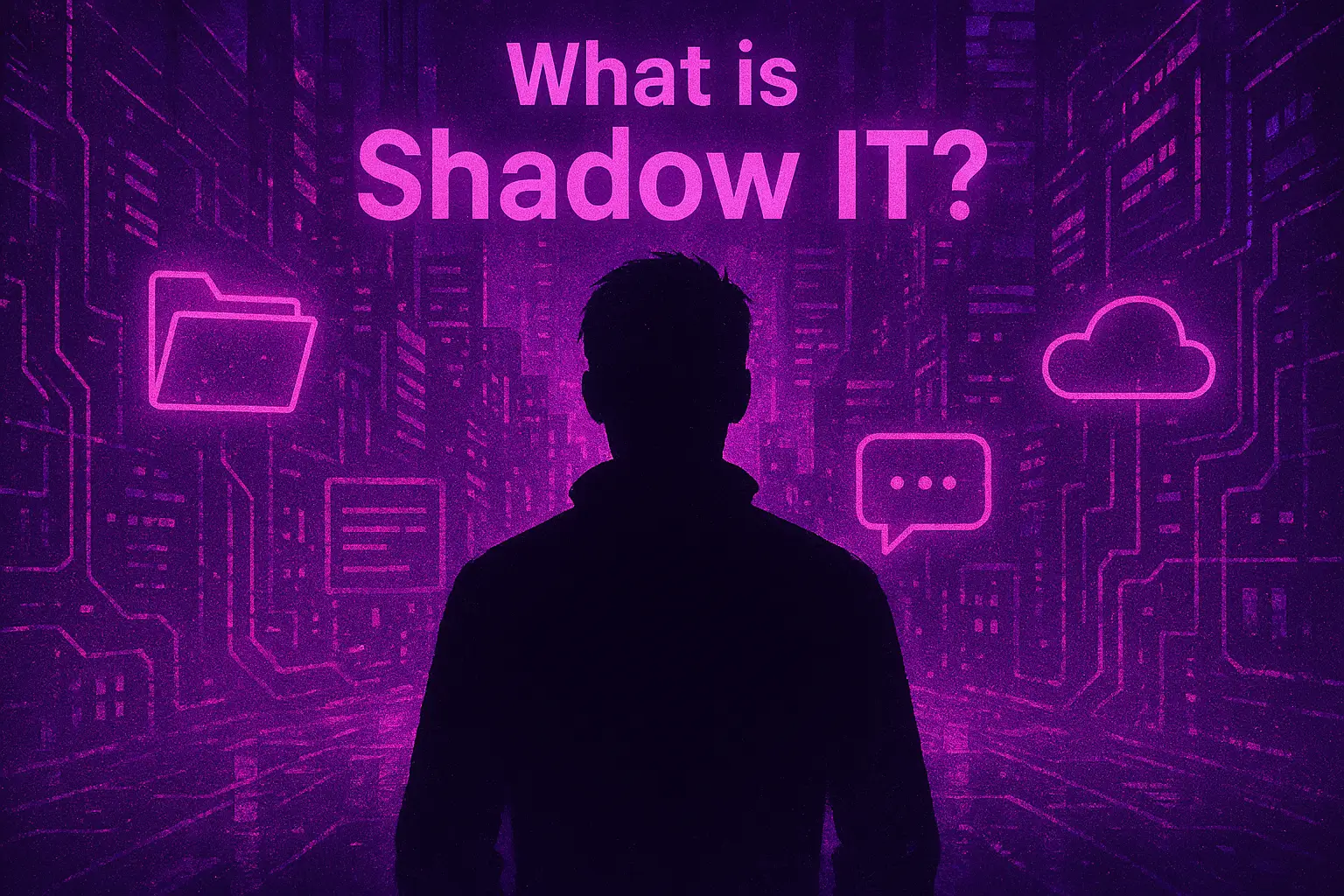 Cyberpunk-style digital artwork featuring a shadowy figure surrounded by glowing purple and pink neon lights, symbolizing the hidden nature of Shadow IT in cybersecurity.