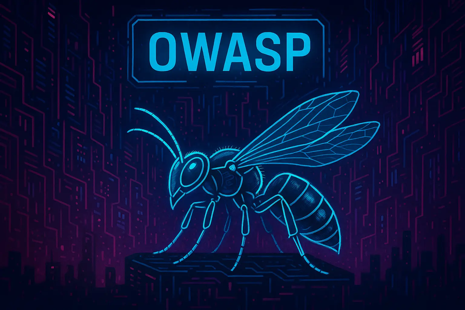 Futuristic cyberpunk-style wasp with glowing neon wings hovering over a digital cityscape, symbolizing web application security and vigilance.