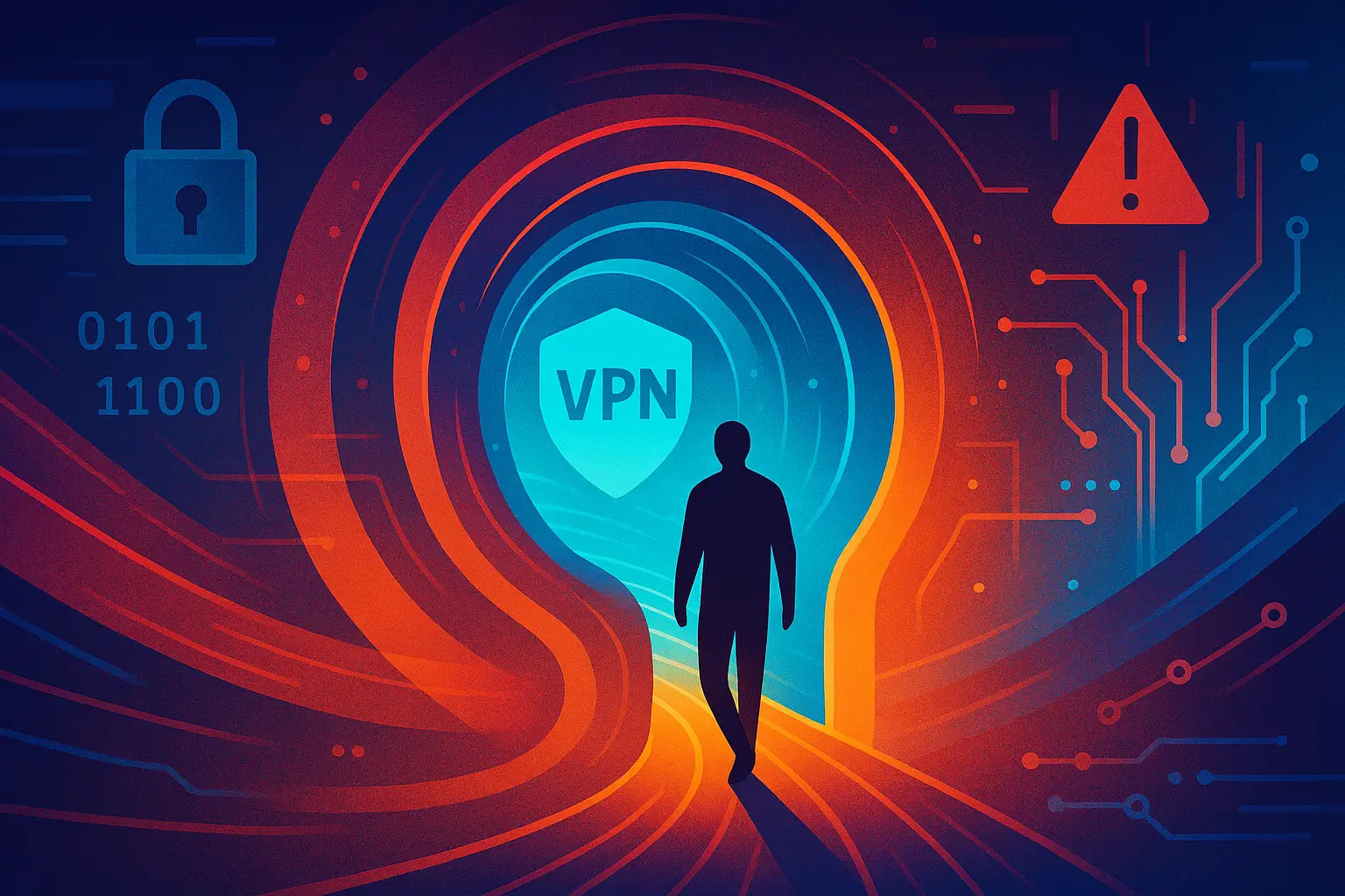 Abstract digital tunnel representing a VPN connection, with glowing data streams flowing securely through a cyber landscape